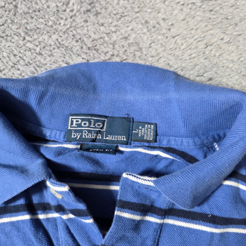 Polo Ralph Lauren Mens Large Polo Shirt Blue Striped Custom‎ Fit Yellow Pony - Picture 3 of 7